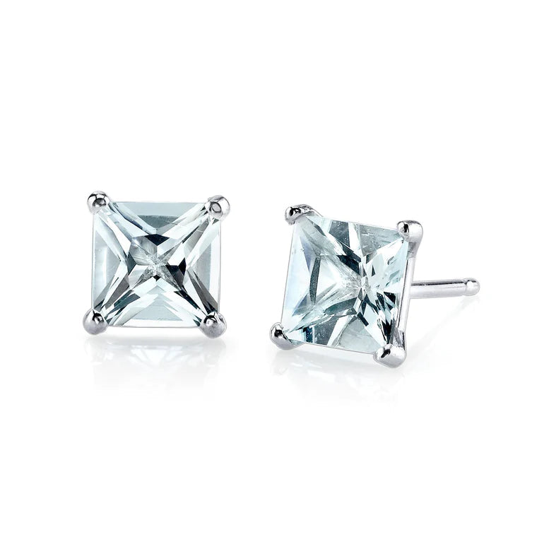 18k White Gold Plated 1-4 Carat Princess Cut Created Aquamarine Stud Earrings 4mm Image 1