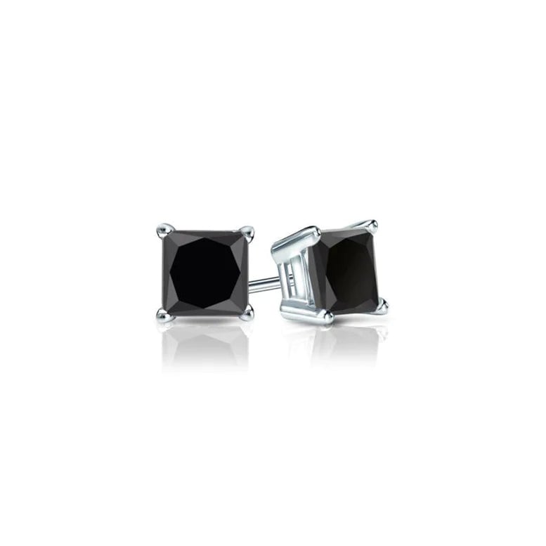 18k White Gold Plated 1-4 Carat Princess Cut Created Black Sapphire Stud Earrings 4mm Image 1