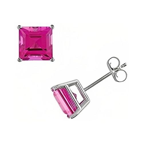 18k White Gold Plated 1-4 Carat Princess Cut Created Pink Sapphire Stud Earrings 4mm Image 1