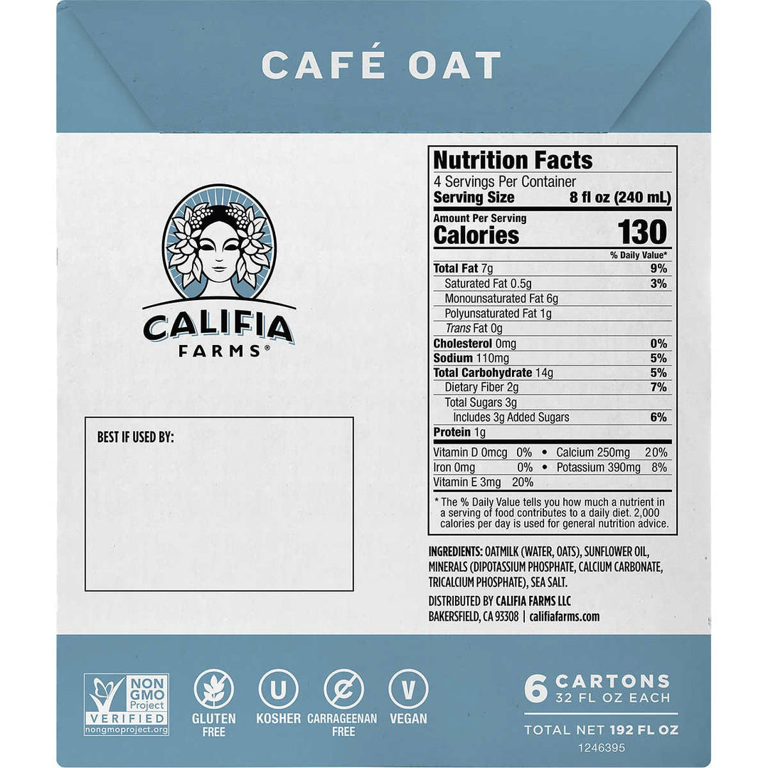 Califia Farms Cafe Oat Barista Choice Oatmilk Dairy Free 32 Fl Oz (6 Count) Image 2