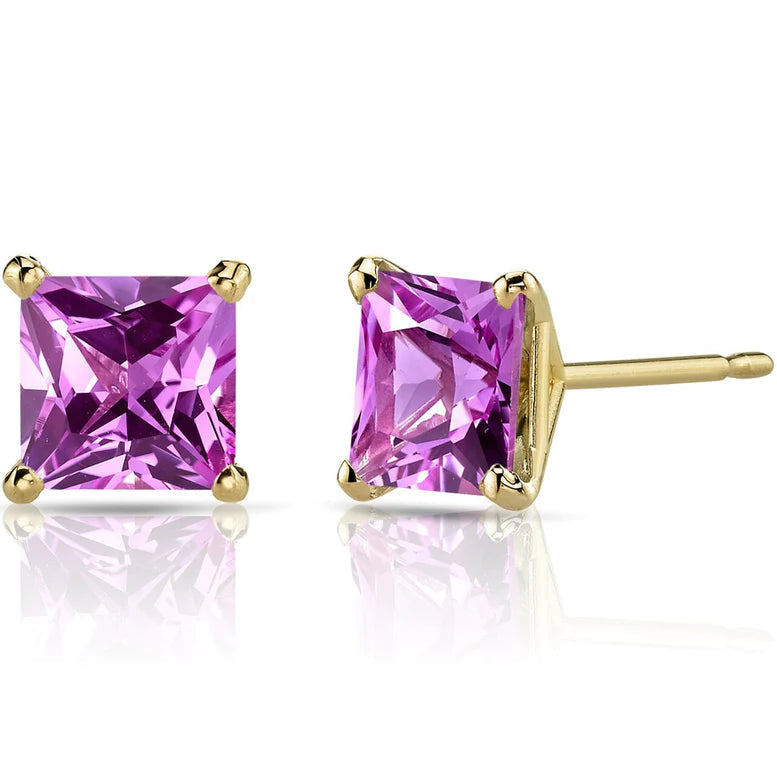 18k Yellow Gold Plated 1-4 Carat Princess Cut Created Pink Sapphire Stud Earrings 4mm Image 1