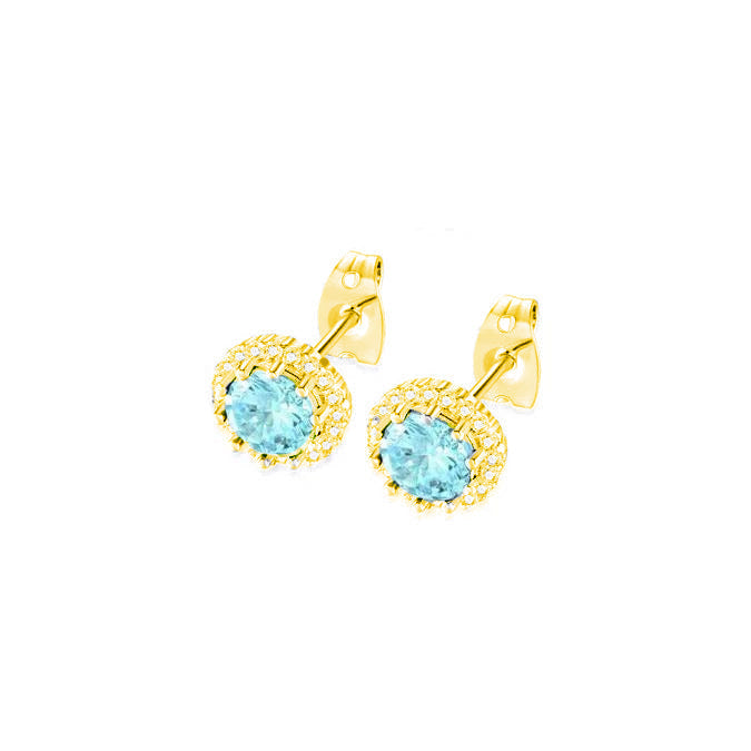 18k Yellow Gold Plated 1-4 Carat Created Halo Round Aquamarine Stud Earrings 4mm Image 1