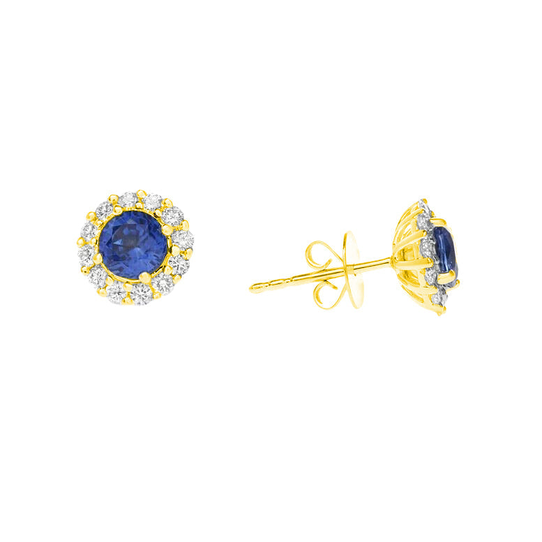 18k Yellow Gold Plated Blue Sapphire Stud Earrings 4mm Halo 1/4 Carat Image 1