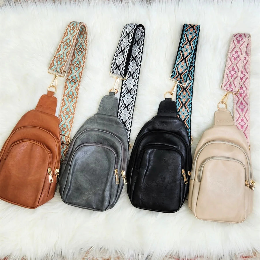 Faux Leather Crossbody Sling Bag with Printed Strap Removable Strap Multiple Pockets Image 1