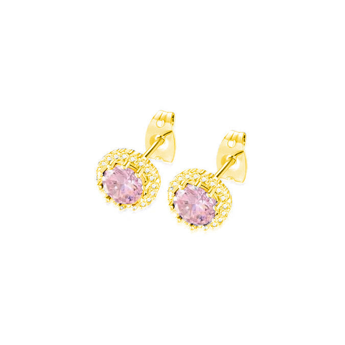 18k Yellow Gold Plated 1-4 Carat Created Halo Round Pink Sapphire Stud Earrings 4mm Image 1