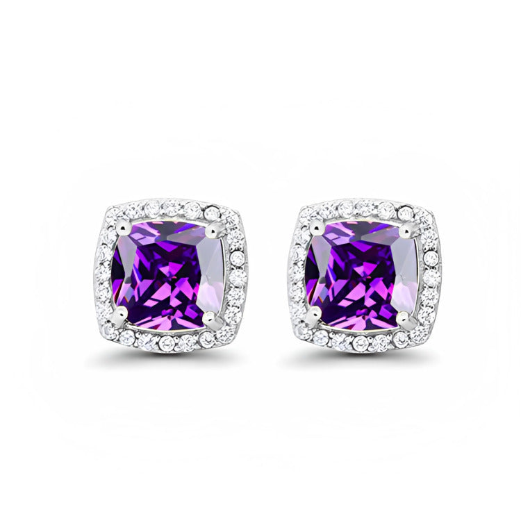 18k White Gold Plated 1-4 Ct Created Halo Princess Cut Amethyst Stud Earrings 4mm Image 1