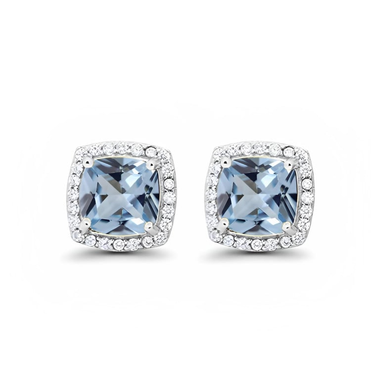 18k White Gold Plated 1-4 Ct Created Halo Princess Cut Aquamarine Stud Earrings 4mm Image 1