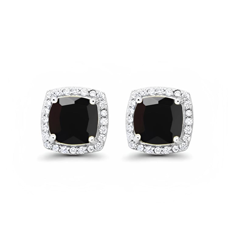 Paris Jewelry 18k White Gold Plated 1-4 Ct Created Halo Princess Cut Black Sapphire Stud Earrings 4mm Image 1