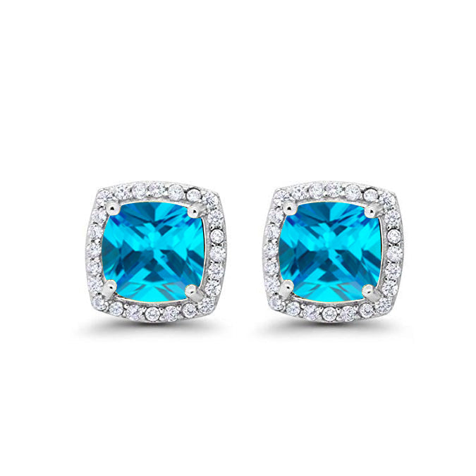 18k White Gold Plated 1-4 Ct Created Halo Princess Cut Blue Topaz Stud Earrings 4mm Image 1