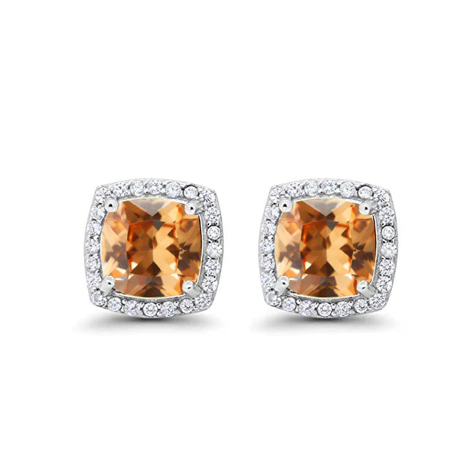 18k White Gold Plated 1-4 Ct Created Halo Princess Cut Citrine Stud Earrings 4mm Image 1