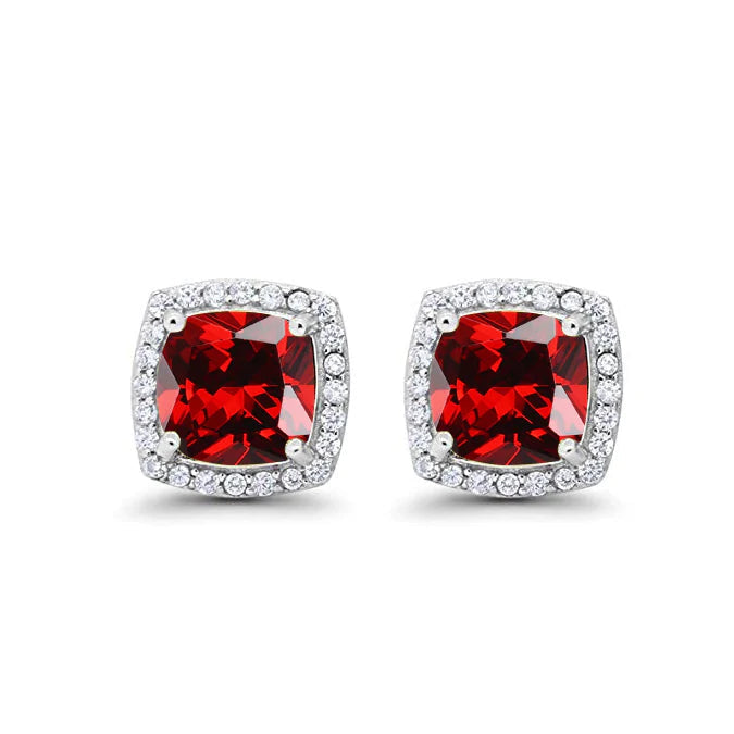 18k White Gold Plated 1-4 Ct Created Halo Princess Cut Garnet Stud Earrings 4mm Image 1