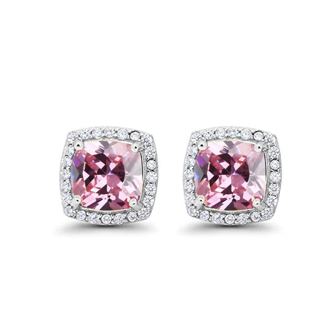 18k White Gold Plated 1-4 Ct Created Halo Princess Cut Pink Sapphire Stud Earrings 4mm Image 1