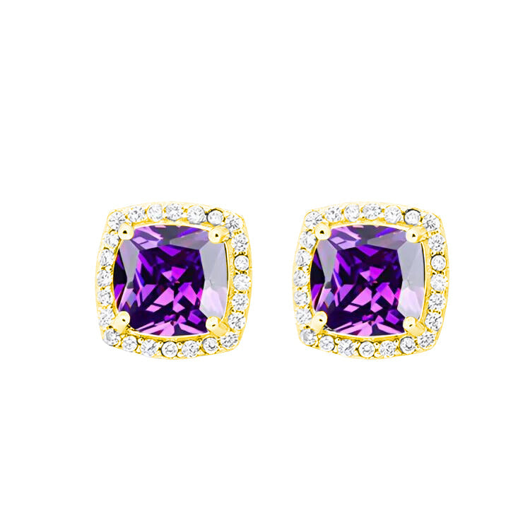 18k Yellow Gold Plated 1/4 Ct Created Halo Princess Cut Amethyst Stud Earrings 4mm Image 1