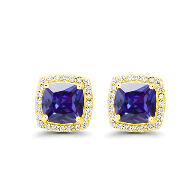 18k Yellow Gold Plated 1/4 Ct Created Halo Princess Cut Blue Sapphire Stud Earrings 4mm Image 1