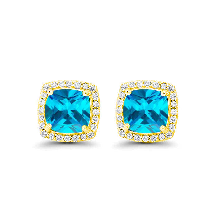 18k Yellow Gold Plated 1/4 Ct Created Halo Princess Cut Blue Topaz Stud Earrings 4mm Image 1