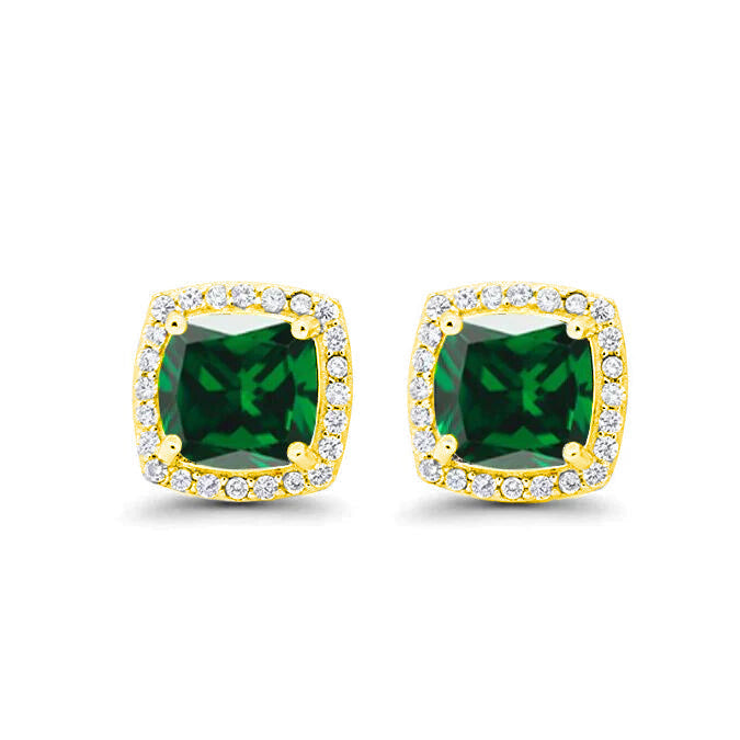 18k Yellow Gold Plated 1/4 Ct Created Halo Princess Cut Emerald Stud Earrings 4mm Image 1