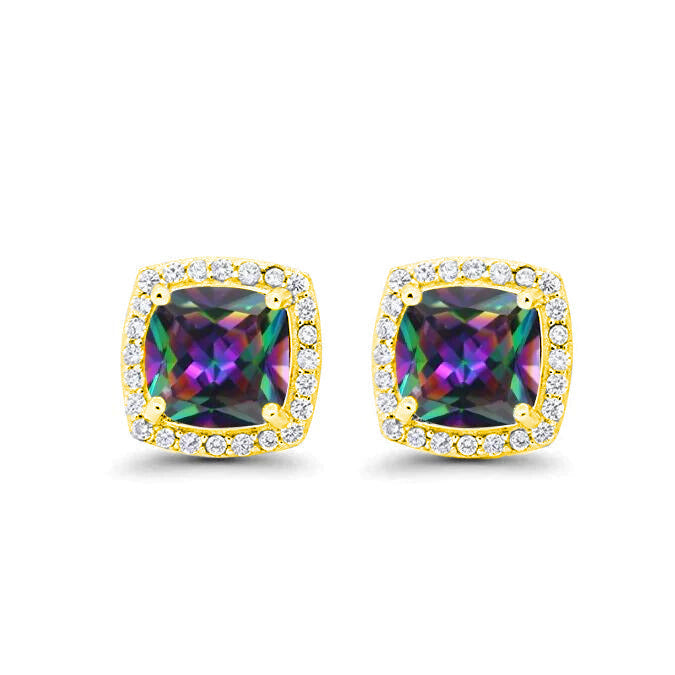 18k Yellow Gold Plated 1/4 Ct Created Halo Princess Cut Mystic Topaz Stud Earrings 4mm Image 1