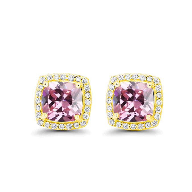 18k Yellow Gold Plated 1/4 Ct Created Halo Princess Cut Pink Sapphire Stud Earrings 4mm Image 1