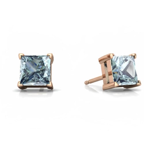 18k Rose Gold Aquamarine Princess Cut Stud Earrings 1/4 Ct 4mm Plated Image 1