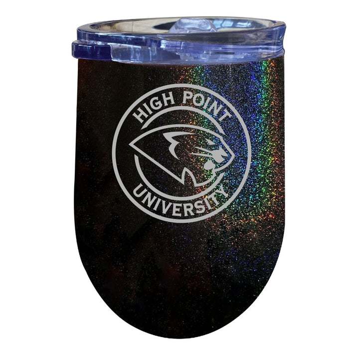 High Point University NCAA Laser-Etched Wine Tumbler - 12oz Rainbow Glitter Black Stainless Steel Insulated Cup Image 1