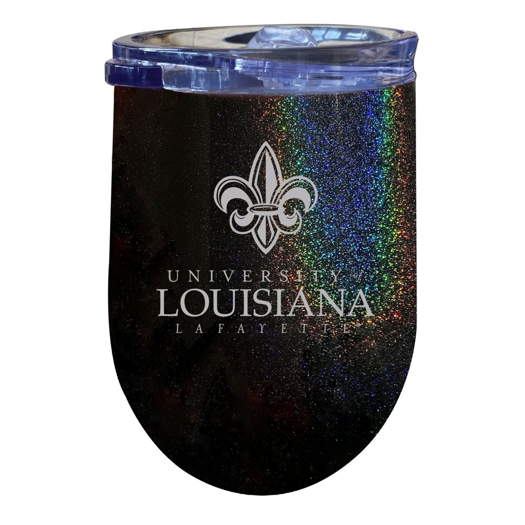 Louisiana at Lafayette NCAA Laser-Etched Wine Tumbler - 12oz Rainbow Glitter Black Stainless Steel Insulated Cup Image 1