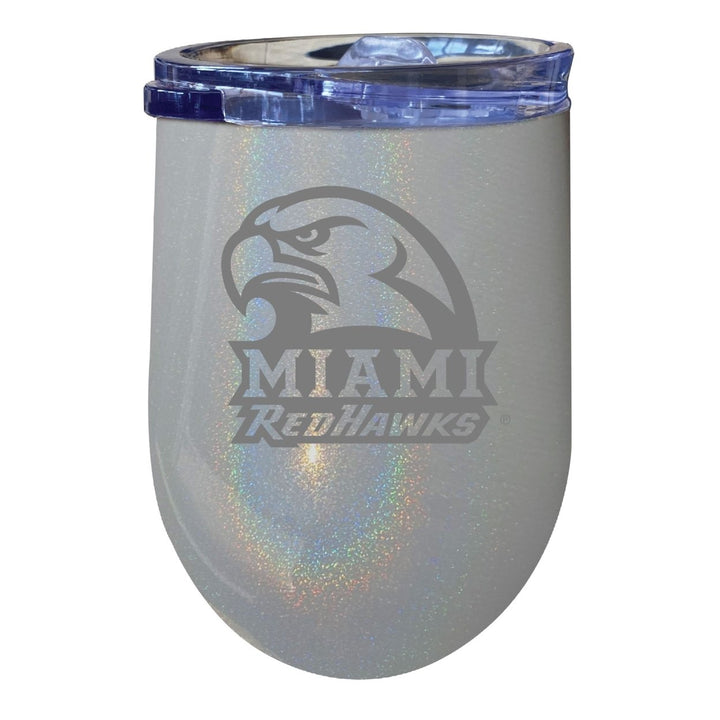 Miami University of Ohio NCAA Laser-Etched Wine Tumbler - 12oz Rainbow Glitter Black Stainless Steel Insulated Cup Image 1