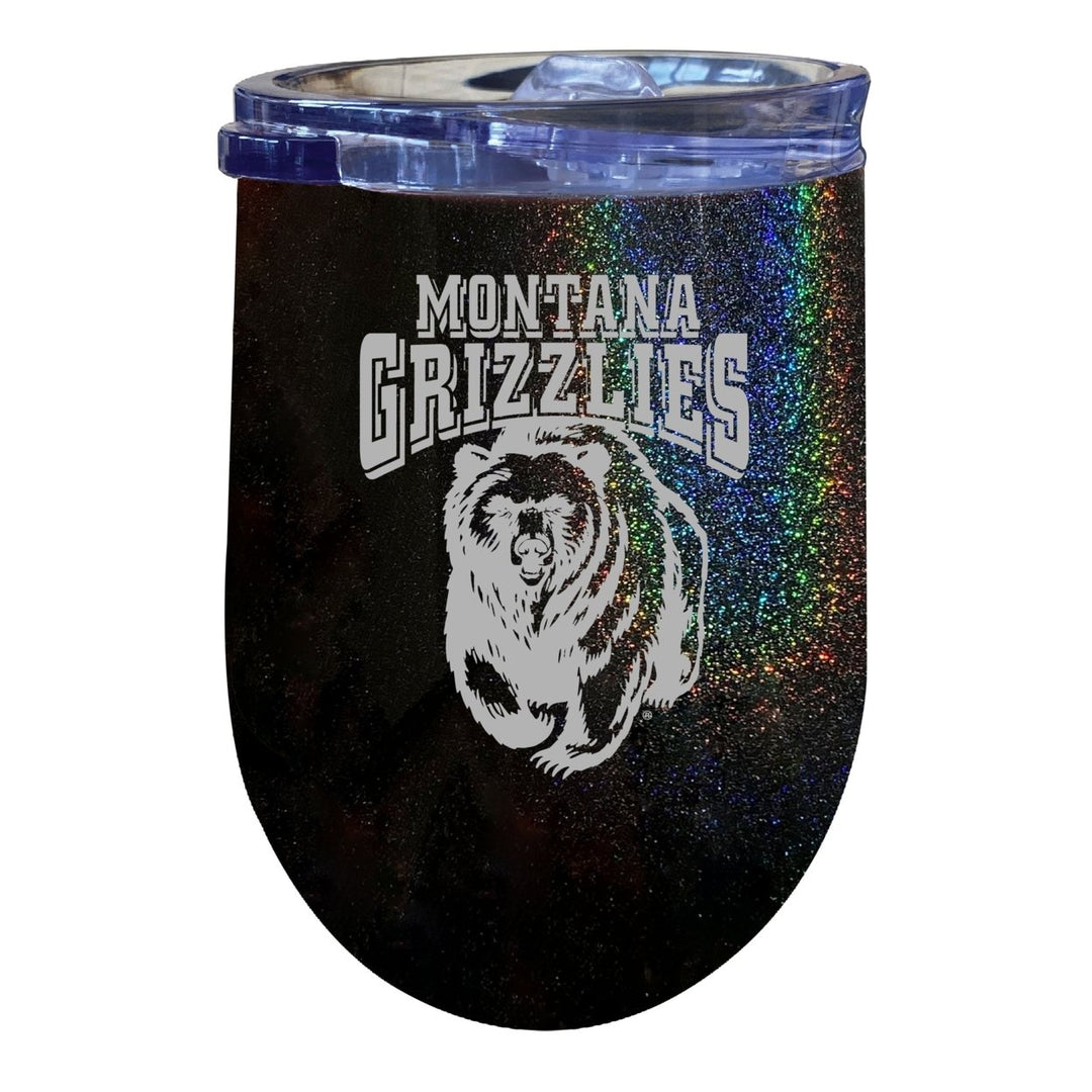 Montana University NCAA Laser-Etched Wine Tumbler - 12oz Rainbow Glitter Black Stainless Steel Insulated Cup Image 1