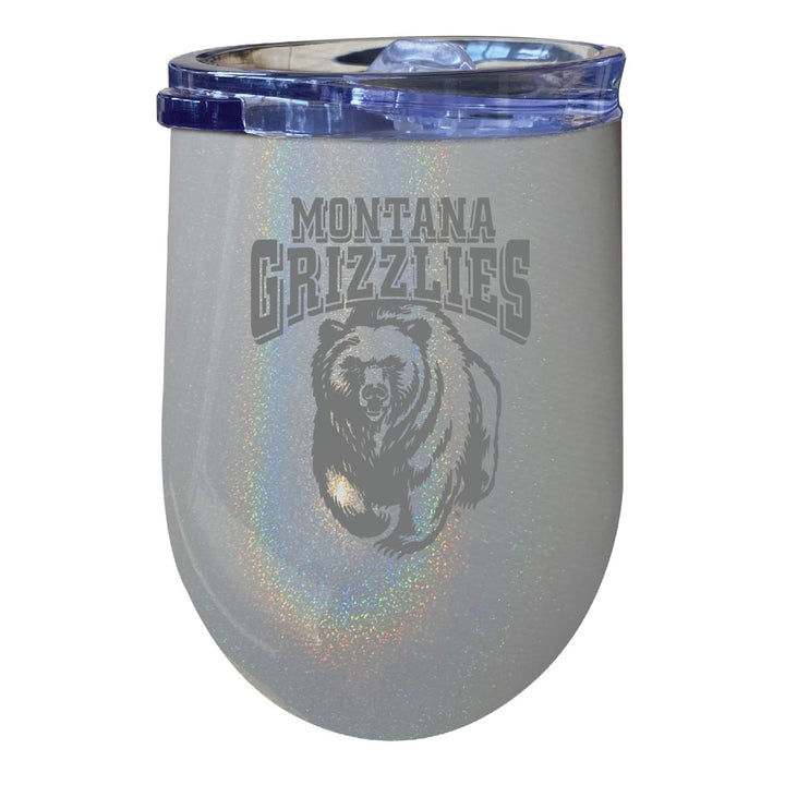 Montana University NCAA Laser-Etched Wine Tumbler - 12oz Rainbow Glitter Black Stainless Steel Insulated Cup Image 2