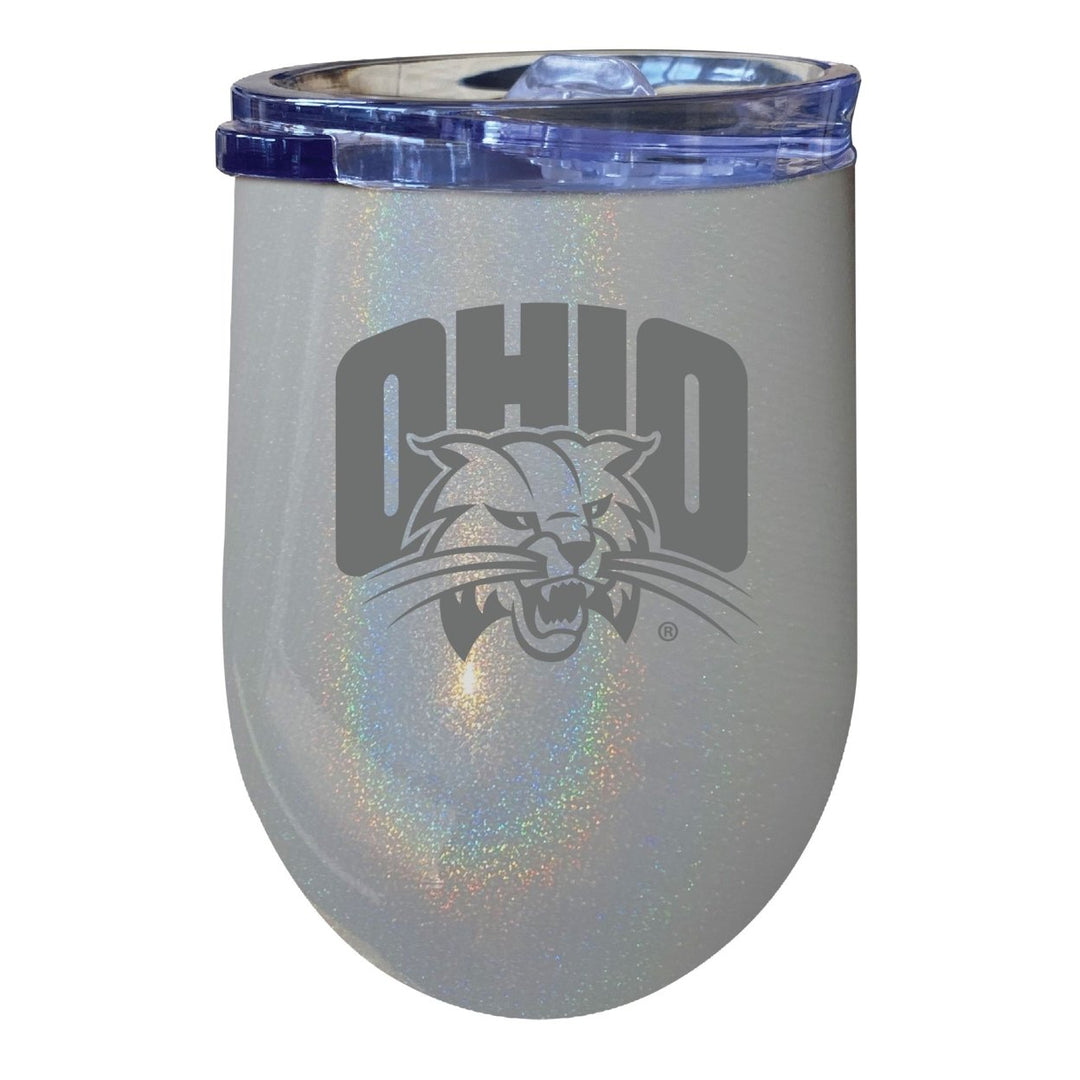 Ohio University NCAA Laser-Etched Wine Tumbler - 12oz Rainbow Glitter Black Stainless Steel Insulated Cup Image 2