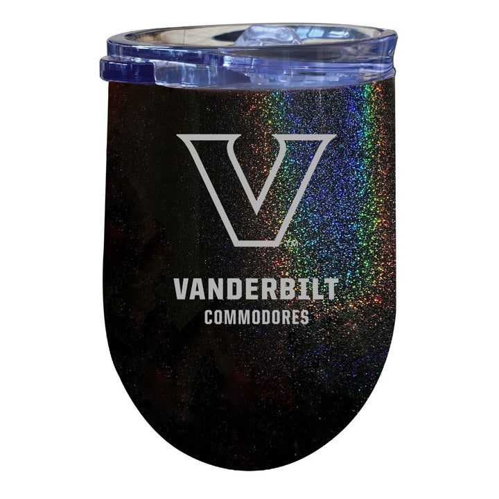 Vanderbilt University NCAA Laser-Etched Wine Tumbler - 12oz Rainbow Glitter Black Stainless Steel Insulated Cup Image 1