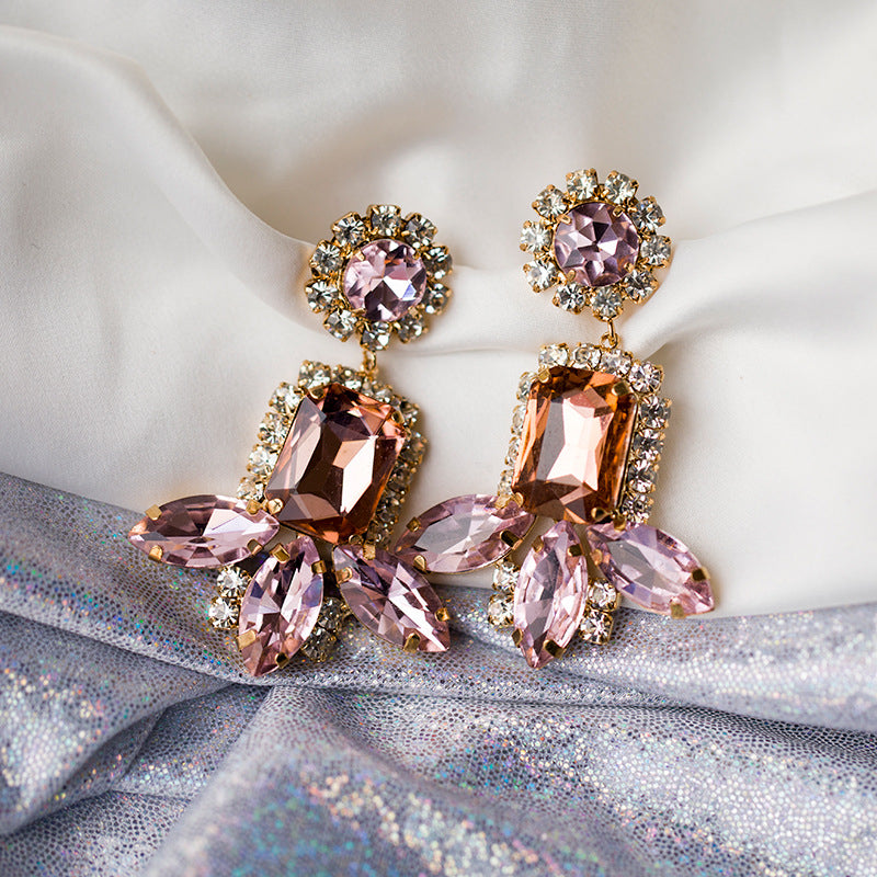 All -glass crystal shiny rhinestone exaggerated earrings flower type pink rhinestone trim earrings temperament earrings Image 1