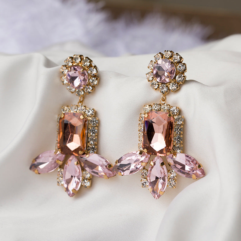 All -glass crystal shiny rhinestone exaggerated earrings flower type pink rhinestone trim earrings temperament earrings Image 2
