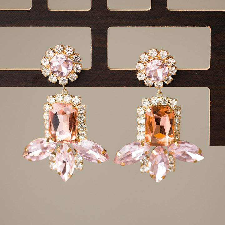 All -glass crystal shiny rhinestone exaggerated earrings flower type pink rhinestone trim earrings temperament earrings Image 3