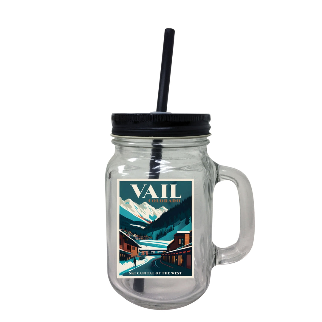 Vail Colorado Souvenir Mason Jar With Lid and Straw Image 1