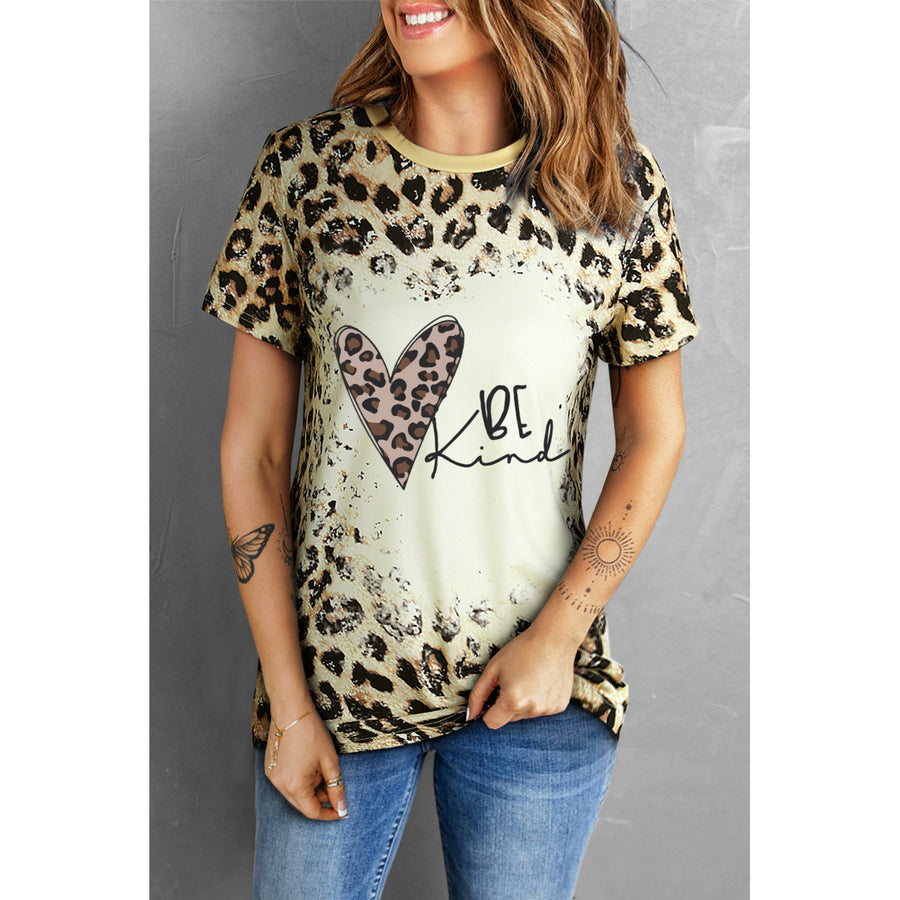 Women's BE Kind Leopard Heart Print Short Sleeve T Shirt Image 1
