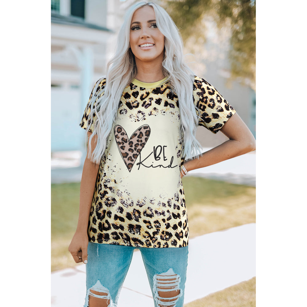 Women's BE Kind Leopard Heart Print Short Sleeve T Shirt Image 2