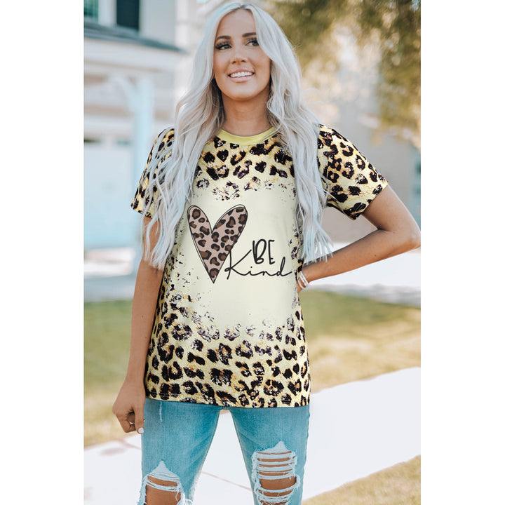 Womens BE Kind Leopard Heart Print Short Sleeve T Shirt Image 2