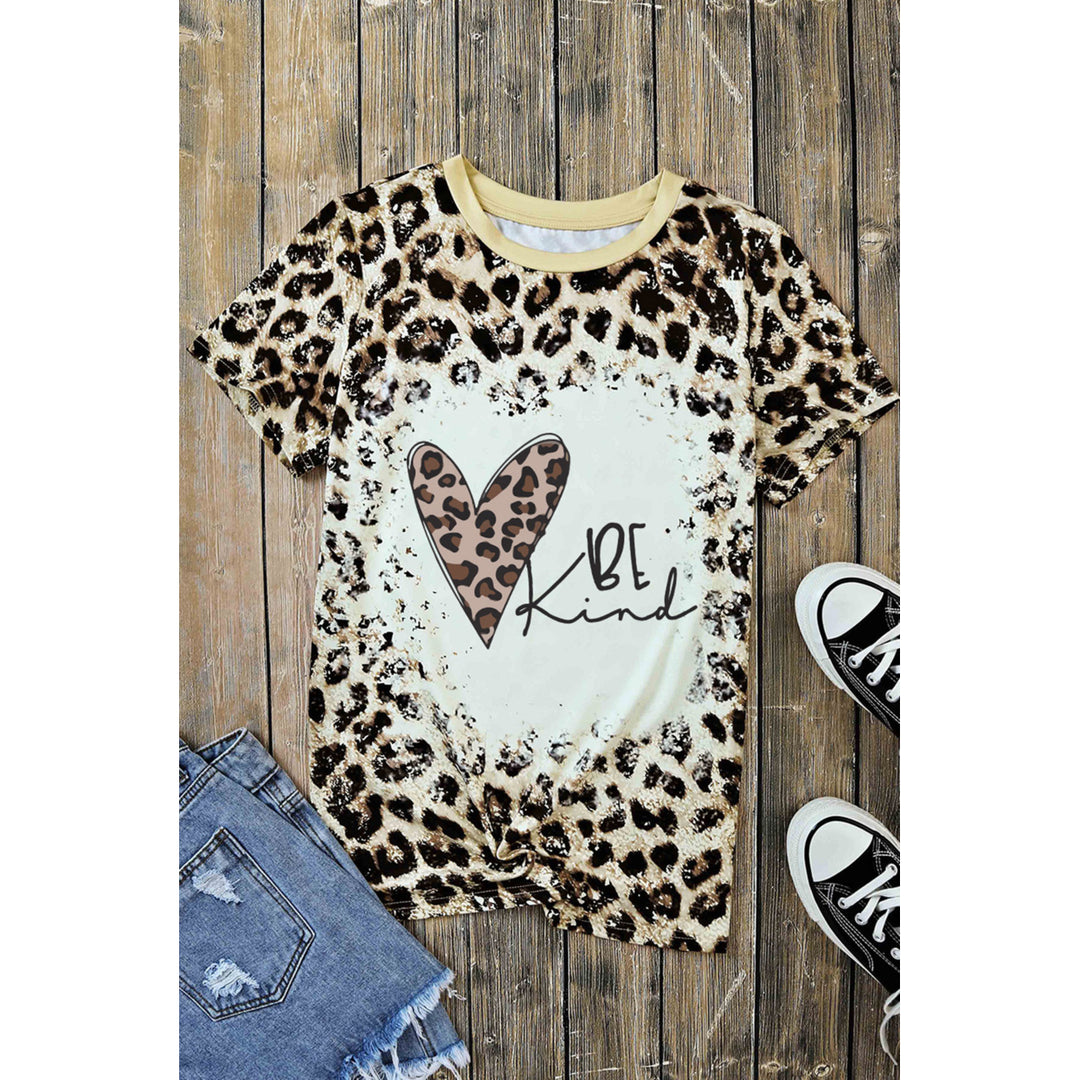 Womens BE Kind Leopard Heart Print Short Sleeve T Shirt Image 3