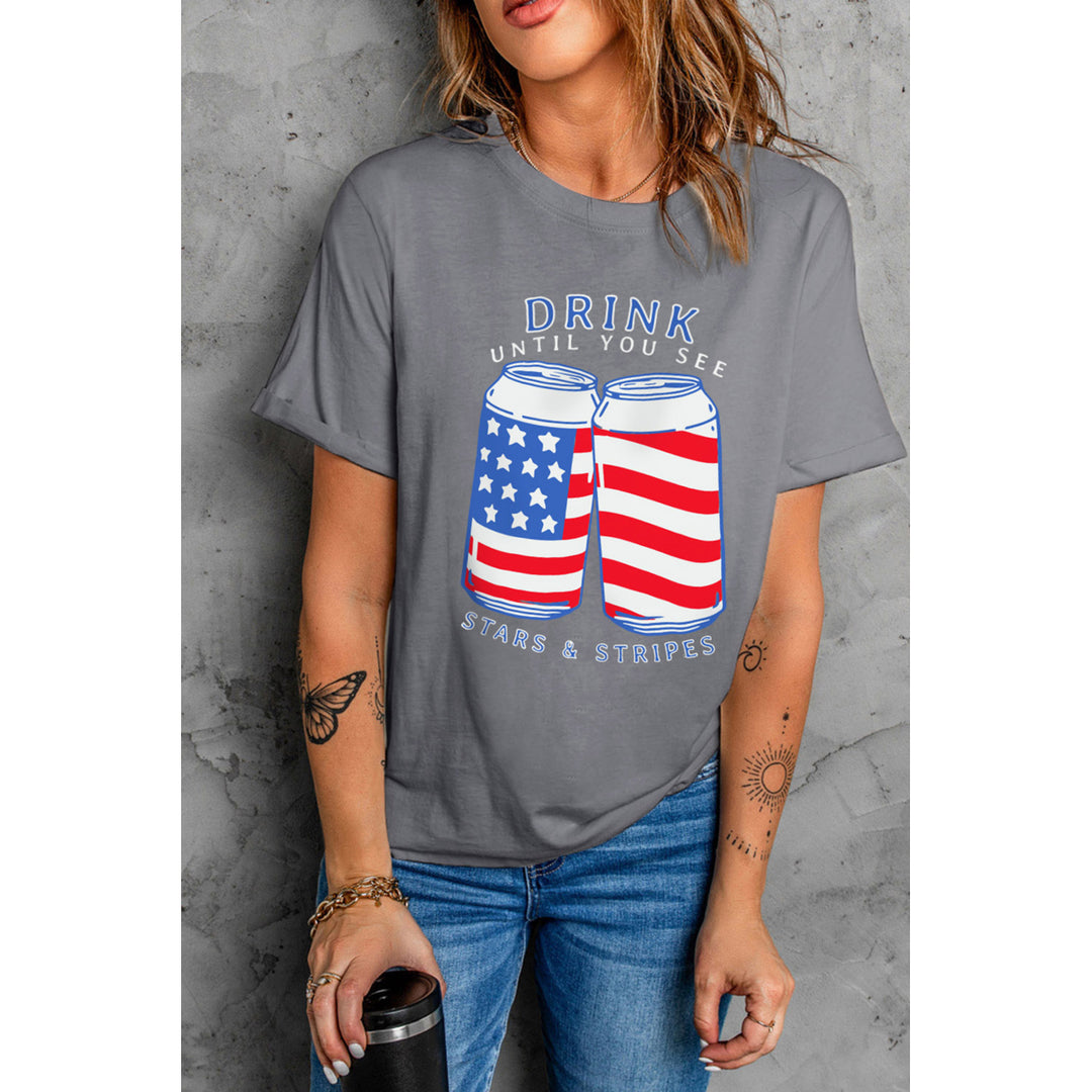 Women's Gray US Flag Slogan Graphic Print Short Sleeve T Shirt Image 1