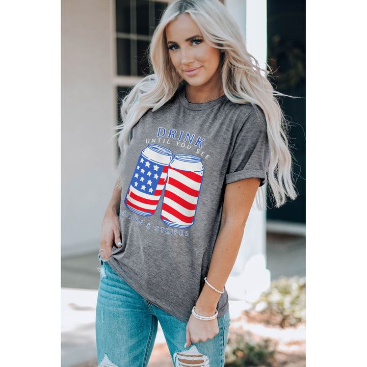 Women's Gray US Flag Slogan Graphic Print Short Sleeve T Shirt Image 3