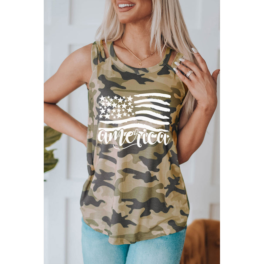 Women's Green america Flag Camo Graphic Print Cut Out O Neck Tank Top Image 1
