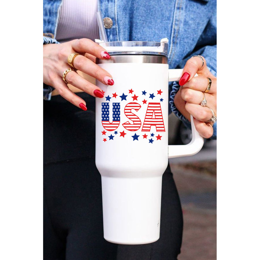 White USA Flag Stars Print Lid Straw Handle Vacuum Cup 40oz Image 1