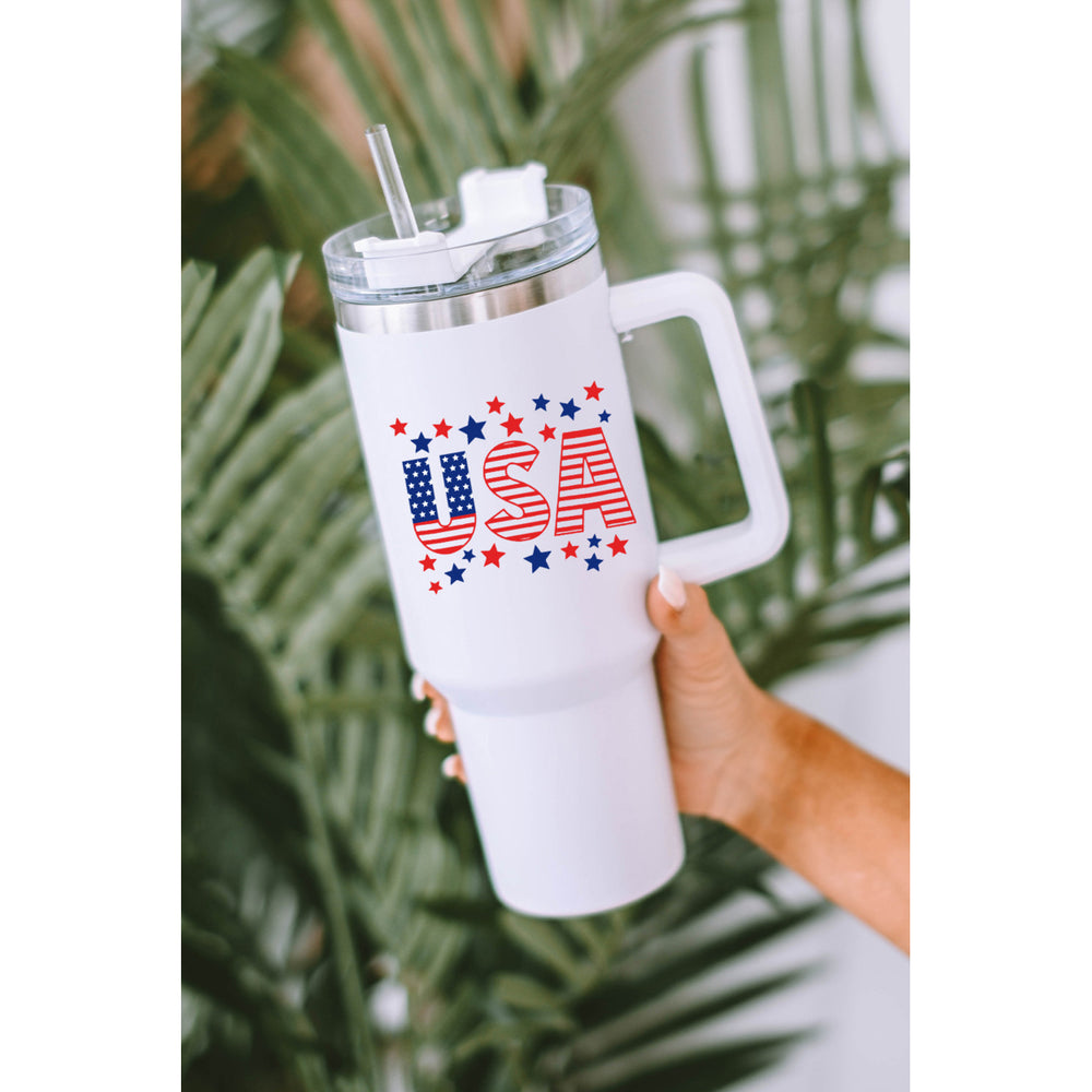 White USA Flag Stars Print Lid Straw Handle Vacuum Cup 40oz Image 2