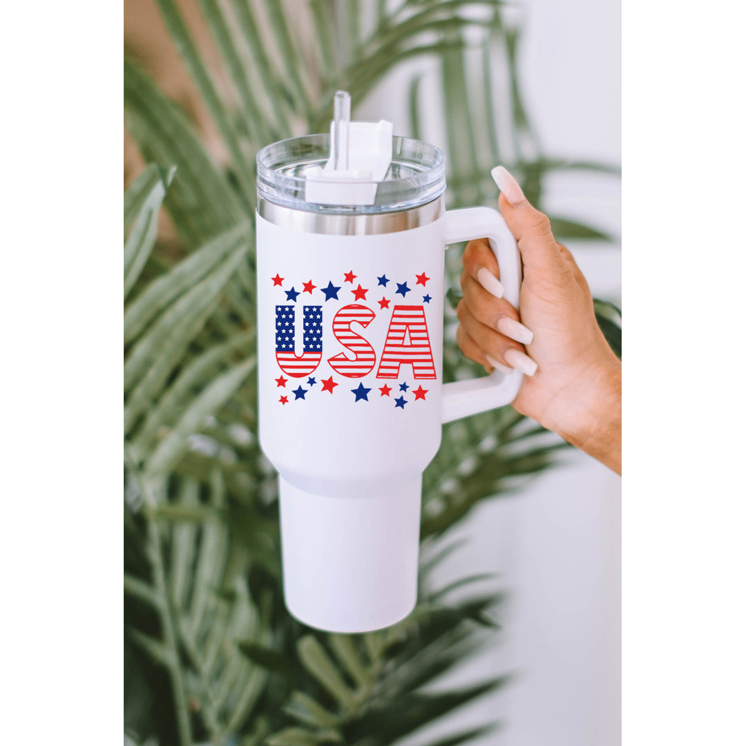 White USA Flag Stars Print Lid Straw Handle Vacuum Cup 40oz Image 3