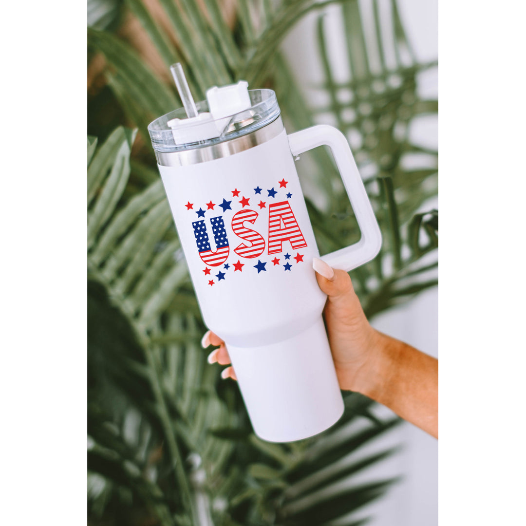 White USA Flag Stars Print Lid Straw Handle Vacuum Cup 40oz Image 4