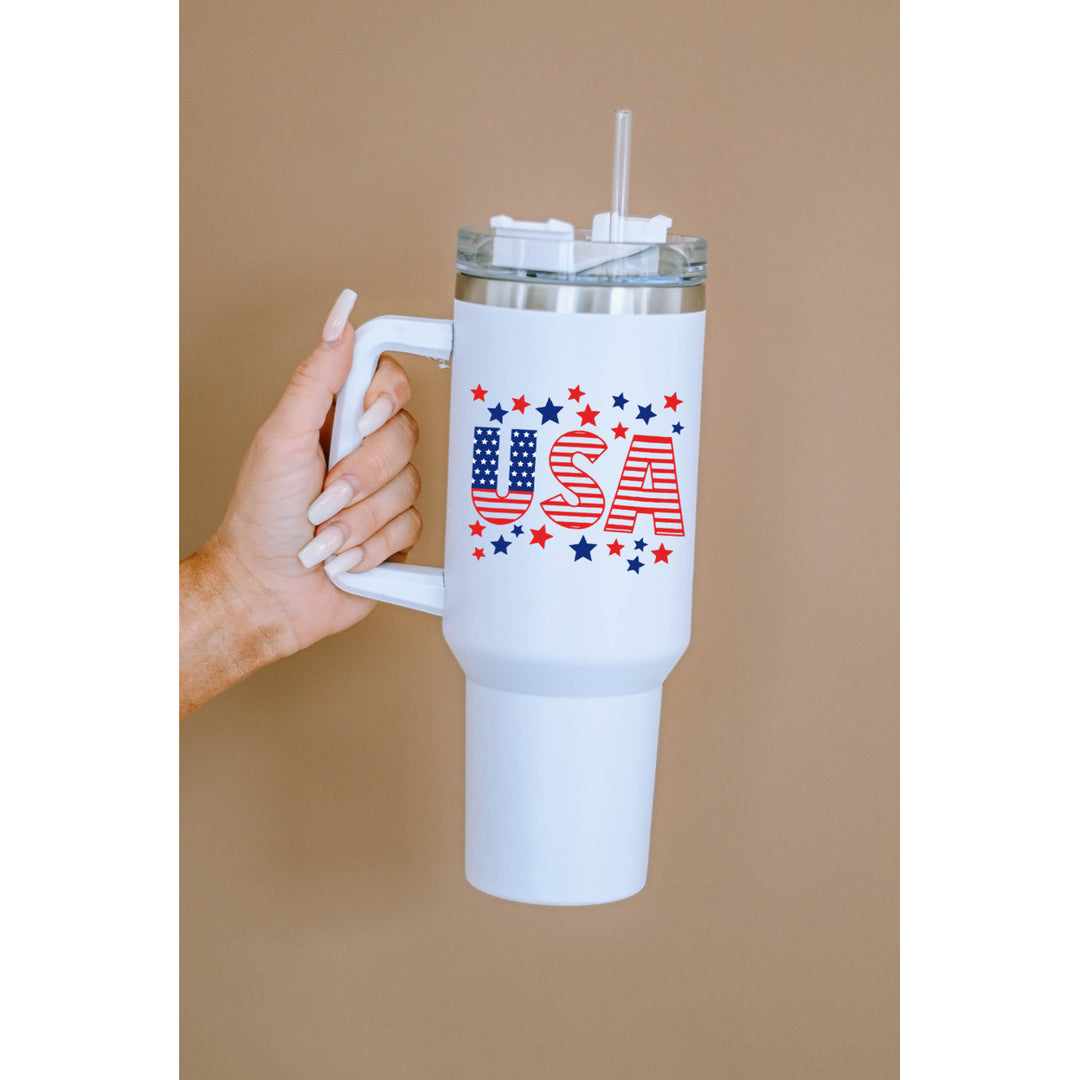 White USA Flag Stars Print Lid Straw Handle Vacuum Cup 40oz Image 6