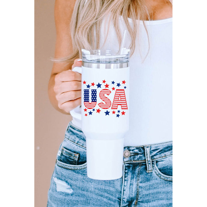 White USA Flag Stars Print Lid Straw Handle Vacuum Cup 40oz Image 7