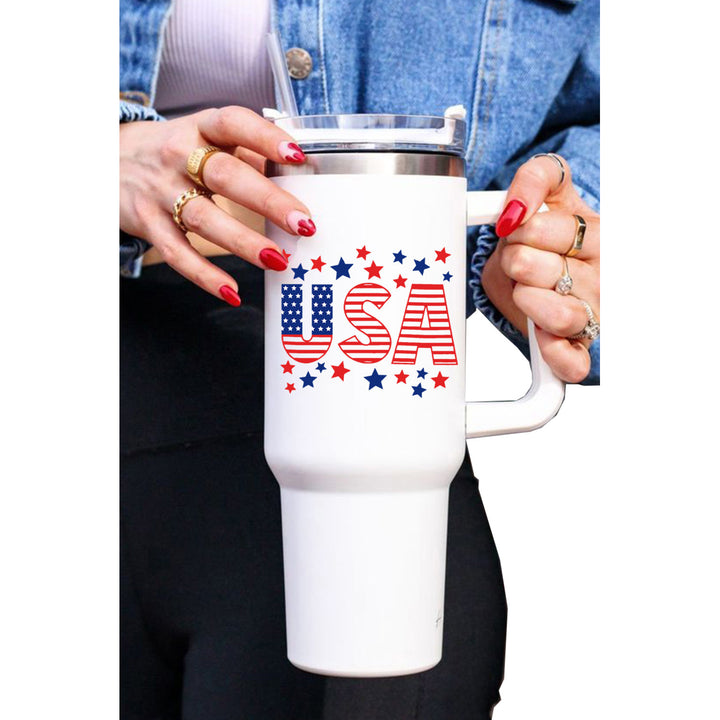 White USA Flag Stars Print Lid Straw Handle Vacuum Cup 40oz Image 8