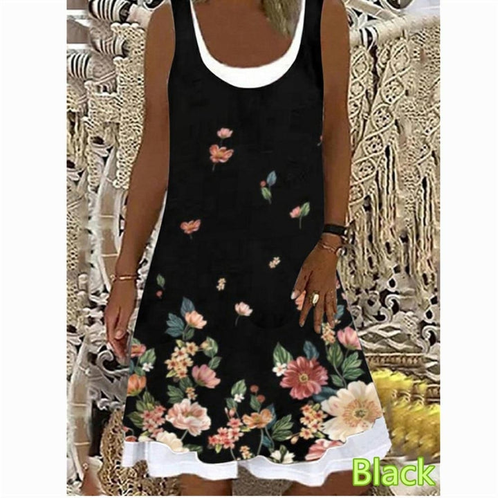 Womens Flower Fake Two-piece Printed Sleeveless Round Neck Dress Loose Plus Size Soft and Comfortable Thin Summer Dress Image 3
