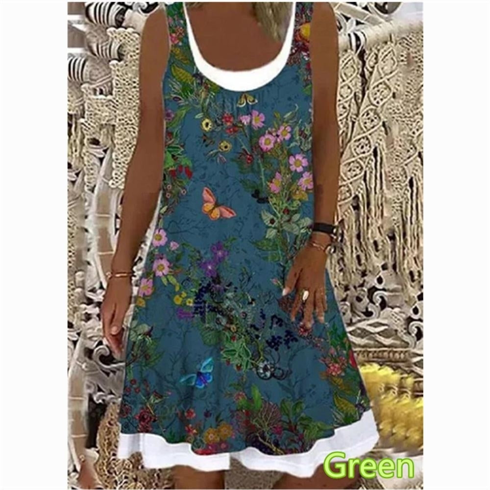 Womens Flower Fake Two-piece Printed Sleeveless Round Neck Dress Loose Plus Size Soft and Comfortable Thin Summer Dress Image 4